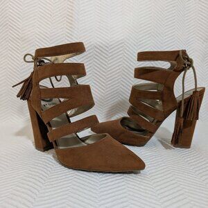 G by Guess Brown Faux Suede Tassel Tie Back Block Heels Size 7.5